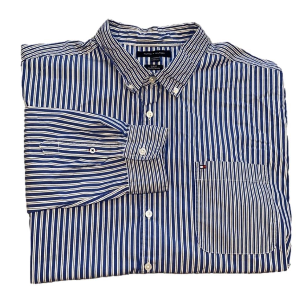 Tommy Hilfiger Blue Stripped Slim Fit Long-Sleeve Casual Button-Down Size XXXL